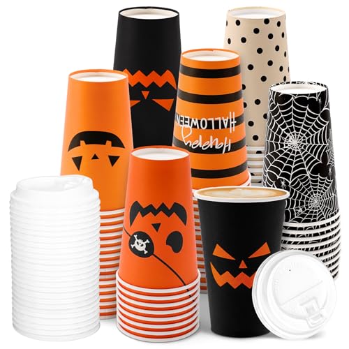 Whaline 72 Pcs Halloween Disposable Coffee Cups Pumpkin Spider Web Paper Cups with Lids for Holiday Birthday Party Home Office Travel Supplies Hot Cold Drinks 16 Oz