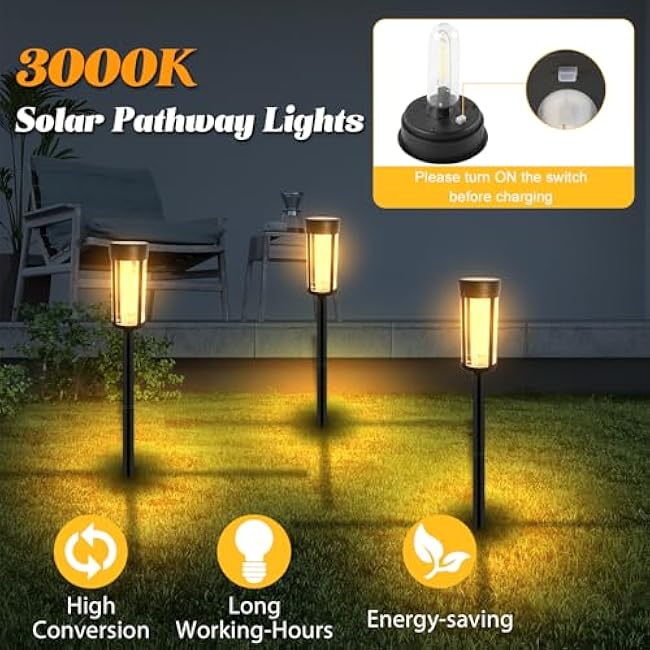 8 Pack Solar Pathway Lights Outdoor, Solar Lights Outdoor Waterproof, LED Pathway Lights Solar Powered Filament Bulb, Perfect for Yard Lawn Walkway Driveway Backyard Landscape-Warm White