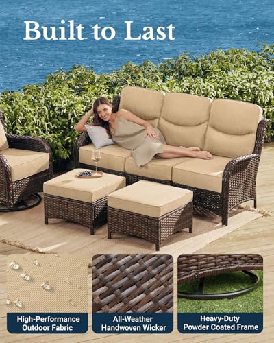 HILLGA Luxury Patio Furniture Set with 6-inch Thick Cushion, Outdoor Couch and High Back Swivel Rocker Patio Chairs, 11PCS Wicker Conversation Set for Deck Yard and Poolside, Beige (V2)