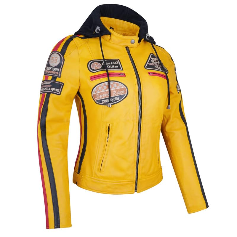 URBAN 5884 58-damska skórzana kurtka motocyklowa, całkowicie zdejmowane ochraniacze, Żółty, 3XL