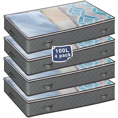 MIXC 4 Packs Underbed Storages, 100L Large Under Bed Storage Box with Lid, Storage Boxes with Lids, Storage Bags with Zip for Clothes, Comforters, Blankets, and Bedding