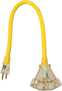 Yellow Jacket 2882 12/3 Heavy Duty 15-Amp, 125 Volts 1875 Watts, Premium SJTW Contractor Grade 3 Outlet Extension Cord with Lighted End, 2-Feet, Yellow, UL Listed, 2 Foot. (pack of 4, 3 Outlet)