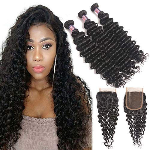 Brazilian Deep Wave Bundles with Three Part Closure (14 16 18+12,Natural Black) 10A Unprocessed Virgin Brazilian Deep Wave Human Hair Weave with Lace Closure Brazilian Deep Curly