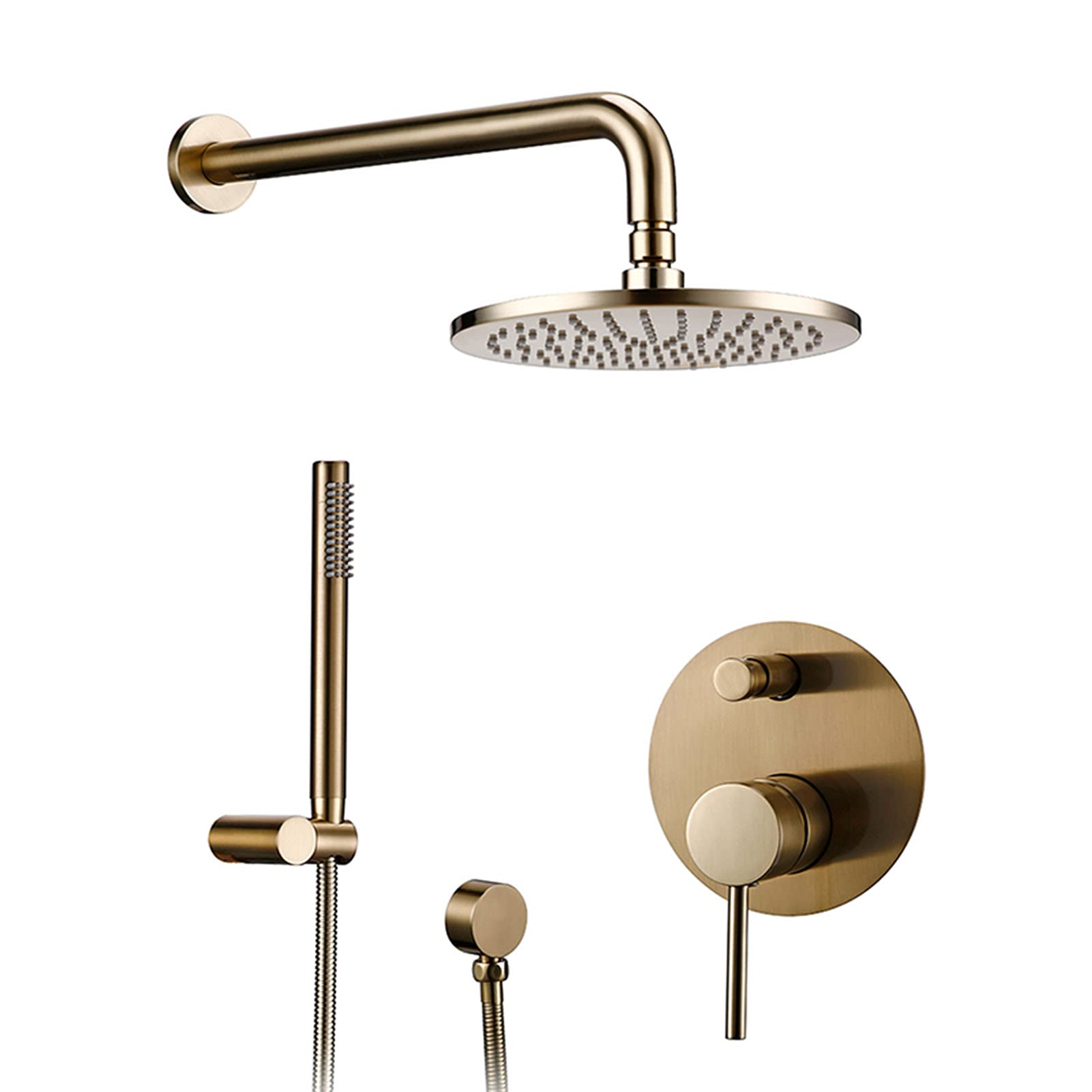 CWCQGH Shower Faucet Set Brushed Gold, Brass Shower System Wall Mounted, Brass Diverter Mixer Tap, Shower Head with Handheld Shower,10inch