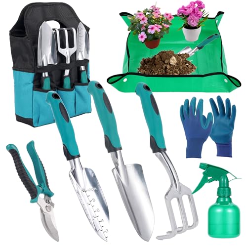 Kit de Jardinería,8 Piezas a Prueba de óxido Kit Jardineria Contienen Bolsas de Almacenamiento,El Multifuncional Herramientas Jardineria con Mango Antideslizante Ergonómico,Regalo de Jardín Ideal