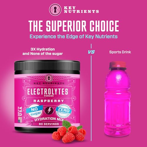 KEY NUTRIENTS Multivitamin Electrolytes Powder No Sugar - Juicy Raspberry Electrolyte Powder - Hydration Powder - No Calories, Gluten Free Keto Electrolytes Powder - 90 Servings - Made in USA