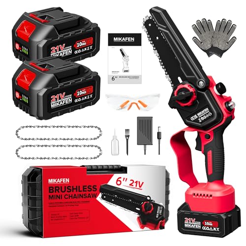 MIKAFEN Mini Chainsaw,6 Inch Portable Electric Chainsaw Cordless with 2 Rechargeable Batteries 3000mAh, Auto-Oil System, Brushless,Chain Adjuster with knob, Handheld for Pruning Trees