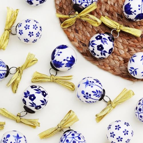 Image of IndianShelf 24 Large Blue and White Ceramic Christmas Ornaments Handpainted Vintage Unique Tree Balls for Christmas Tree Decoration with Ribbon