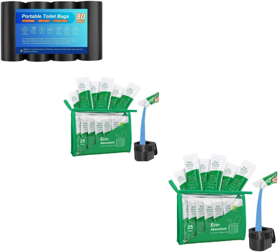 80 Portable Toilet Bags, Camping Toilet Bags, Biodegradable Porta Potty Bags, Siewl 50Pack Portable Toilet Absorbent Gel Powder, Poo Gel for Camping Toilet Powder,