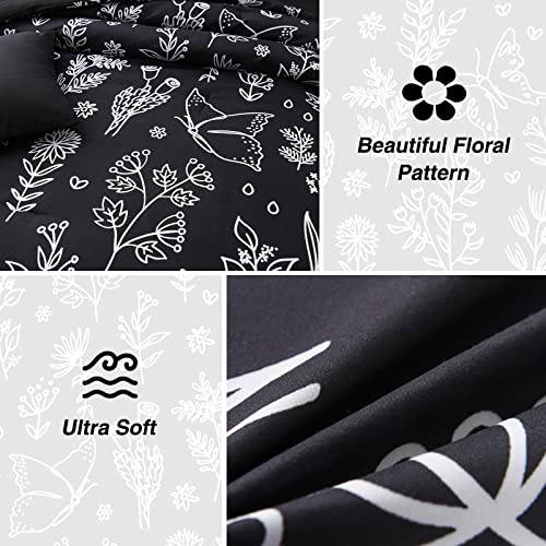 A Nice Night Bedding Set 7 Piece Comforter & Sheet Set,Plant Floral Butterfly Comforter Set-Soft Microfiber Bedding Sets For All Season,Black Queen Size #TOP3