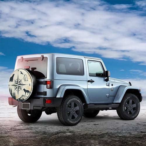 Image of Universal Fit Spare Tire Cover for RV, SUV, and Camper Trailers - Weatherproof Wheel Protector, Compass Animal Mountain Decorative Camper Spare Tire Cover 16 in