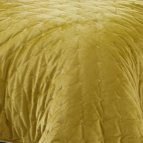 Image of Lush Decor - Quilt Set, 3-Piece Cozy Velvet Bedding with Matching Shams, Embroidered Stitch Design (Haven Mineral Yellow, Full /Queen)