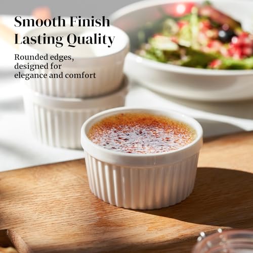 DOWAN 8 oz Ramekins Oven Safe for Creme Brulee, Souffle Dish Baking Bowls, Custard Cups for Pudding Dips Sauce Dessert Yogurt Ice Cream, Ceramic Ramiken Set of 6, Soft White by DOWAN - Image 4