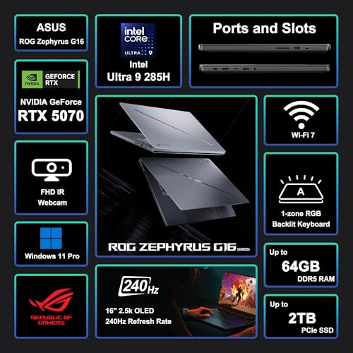 Image of ASUS ROG Zephyrus G16 Gaming AI Laptop 16 inch 2560x1600 OLED 240Hz (500nits) Intel 16-core Ultra 9 285H 16GB RAM 512GB SSD GeForce RTX 5070 (Up to 798 AI Tops) RGB Backlit Win11Pro ICP Hub