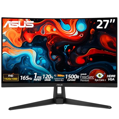 Image of ASUS TUF Gaming 27 inch Curved Monitor, FHD Display, 165Hz, 1ms MPRT, VA Panel, Extreme Low Motion Blur, Adaptive-Sync, FreeSync Premium, HDMI, VGA, Eye Care, VESA, Tilt|Swivel Adjustable Stand, Black
