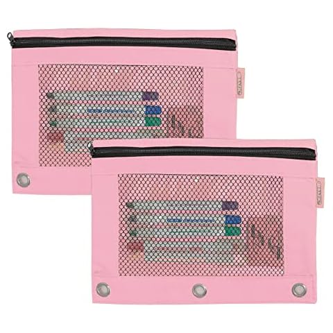 BAZIC Pencil Pouch 3 Ring Binder Pouch, Rivet Enforced Ring Hole, Mesh Window Zipper Case, Pastel Pink, 2-Pack Cover