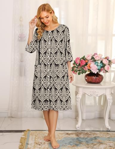 Image of Bloggerlove House Dress Women Cotton Snap Front Nightgown 3 /4 Sleeve Housecoat Duster Robe with Pockets Moomoo Patio Dress