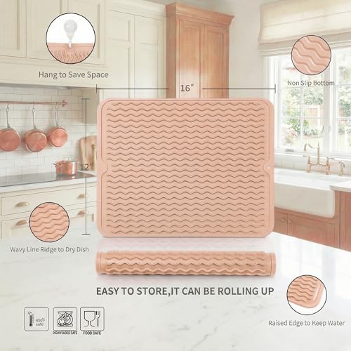 MicoYang Silicone Dish Drying Mat - Quick-Dry Raised Ridges, Dishwasher Safe, Heat Resistant 450°F, Roll-Up (Pink, 16x12 in) by MicoYang - Image 2