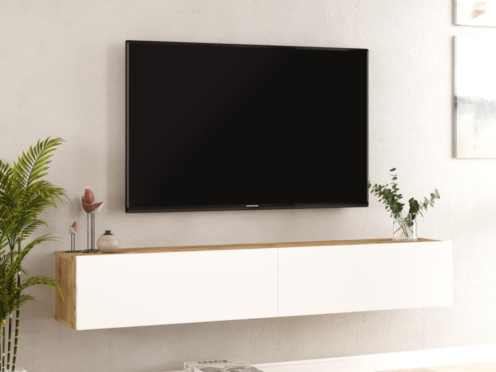 Vente-unique - Meuble TV Suspendu avec 2 Portes - Blanc et Naturel - AUBEPINA