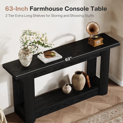 Image of Tribesigns 63-Inch Farmhouse Console Table, Narrow Long Sofa Table Behind The Couch, 2-Tier Storage Entryway Furniture for Hallway, Entrance, Living Room, Black