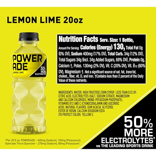 Image of POWERADE Sports Drink, Lemon Lime Electrolyte Drink, 20 Oz (8 Pk) | Sport Beverage Enhanced with Electrolytes | 50% More Electrolytes vs. the Leading Sports Drink (per 12oz serving)*