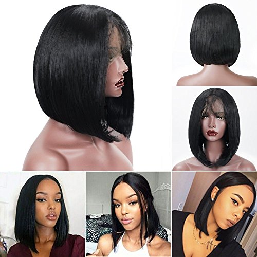 Short Bob Straight Wigs Synthetic Lace Front Wigs Glueless For Black Women Natural Black 14"