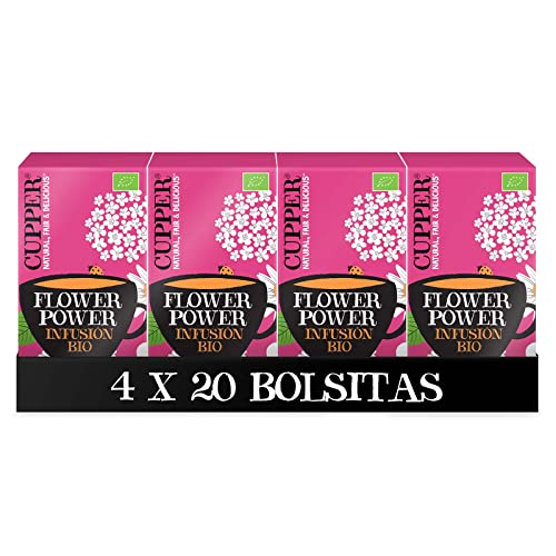 Cupper - Pack de 4 Cajas de 20 Bolsitas de Infusiones Ecológicas Flower Power - Propiedades Digestivas, Diuréticas y Antioxidantes - Contiene Flor de Saúco y Manzanilla