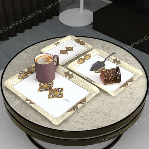 Image of Castleite Valencia Series Melamine Trays Set of 3 with Handles for Serving Snacks or Tea - A Designer Tray Medley for Home or Cafe Use (Beyla)