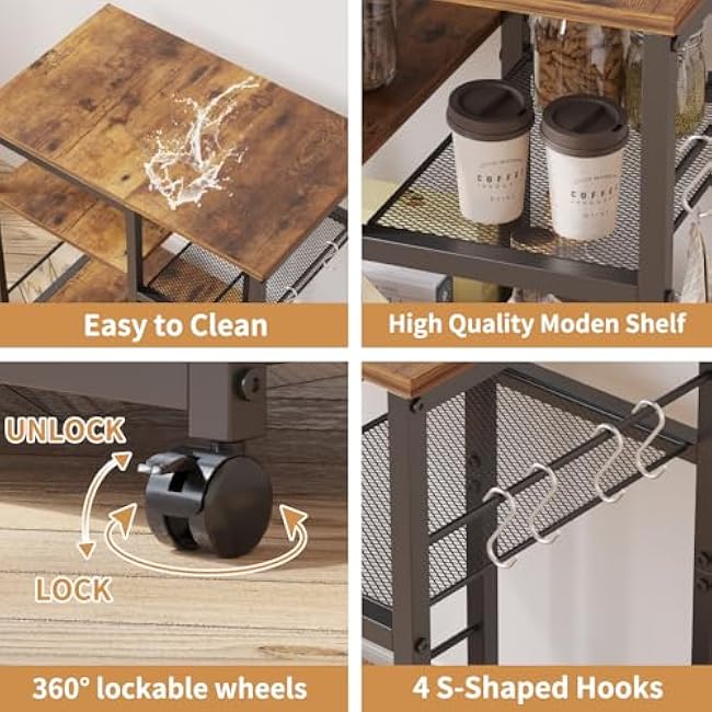 Kitchen Microwave Cart£¬Rolling Kitchen Cart with Lockable Wheels, 4-Tier Microwave Stand, Bakers Rack Island, Coffee Cart Appliance Storage, Kitchen Table for Office, Living Room-G2vAeA7I