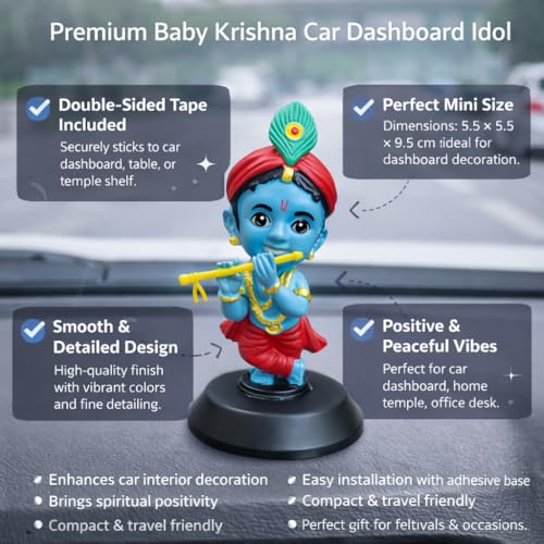 Image of Baby Krishna Blue Tone Car Dashboard Idol with Flute - Premium Hand-Painted Lord Krishna Murti for Car Dashboard, Home & Office Decor with Double-Sided Tape Base