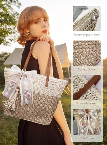 Bolso Tote de Playa de Paja para Mujer, Grande con Cierre miniatura 6