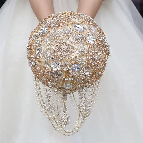 Image of MaxxCloud Luxury Gatsby-Inspired Vintage Wedding Golden Brooch Bouquets Handmade Sliver Bling Glam Wedding Bridal Bouquet