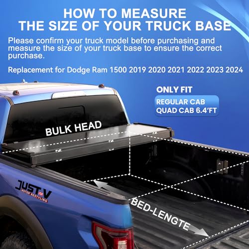 Image of Just-V Hard Tri-Fold Truck Bed Tonneau Cover for Dodge Ram 1500 2019-2026 Only Fit Quad Cab 6.4FT Bed, Not Fit Track System, Roll Bar Multifunction Tailgate, Solid FRP Textured Black