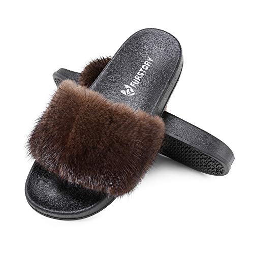 Fur Story Furry Slides Fur Slides Fuzzy Slippers Fluffy Sandals Mink Fur Slides Home Slippers Slip On Shoes For Women(Brown-11.5)