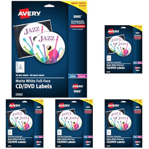 Image of Avery Printable Full-Face CD Labels, Matte White, Permanent Adhesive, Laser /Inkjet Printable, 40 Disc & 80 Spine Labels, Ideal for CDs, DVDs, PC Discs, Media Projects & More (8960) (Pack of 5)