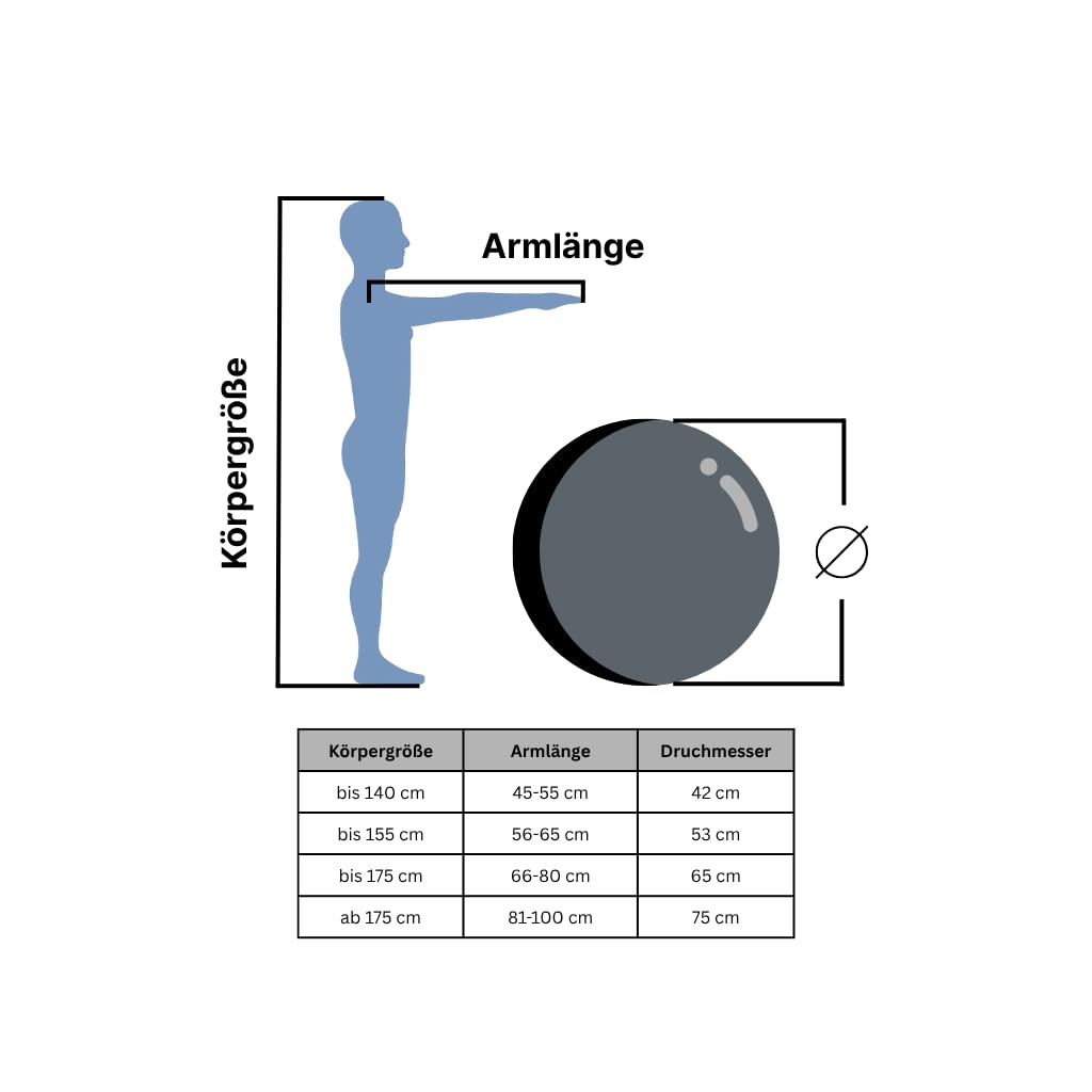Pezzi Maxafe - Pelota de gimnasia (42, 53, 65 y 75 cm de diámetro, incluye bomba ATC, soporta hasta 400 kg, para fitness, rehabilitación, terapia, gimnasia y como pelota de asiento para oficina, 42