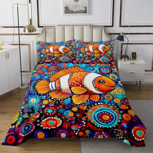 Clownfish Quilts Set for Kids,Coastal Sealife Boho Style 3Pcs Bedspread Bedding Set,Abstract Colorful Underwater World Bed Cover Set,Nautical Ocean Bedspread Coverlet with 2 Pillowshams (King Size)