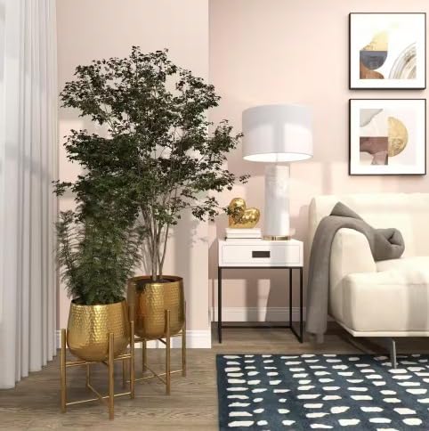 Image of Round Shape Metal Indoor & Outdoor Large Golden Planter Pot for Living Room Bedroom & Interior Balcony Sets of 2