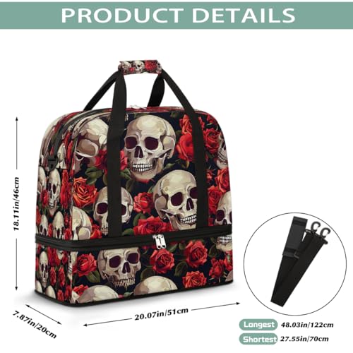 Foldable Carry On Bag for Travel, Expandable Duffle Bag with Shoe Compartment, Skull Red Rose Lightweight Sports Gym Tote with Trolley Sleeve2