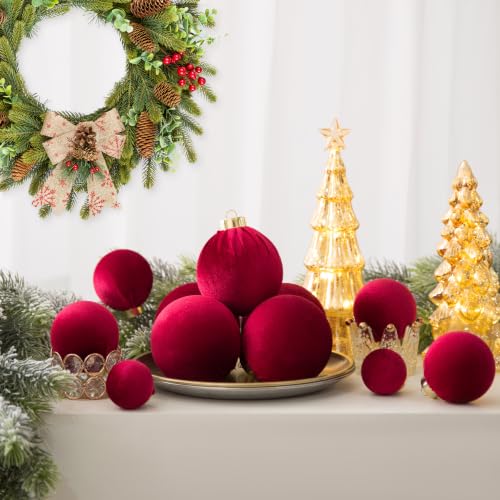 Velvet Christmas Ball Ornaments - 30pcs Flocked Christmas Ornaments Set Shatterproof Classic Hanging Xmas Tree Decorations with Rope for Wreath Holiday Home Decor (Burgundy) - image 4