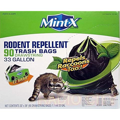 Mint-X Plastic 33 Gallon Drawstring Rodent Repellent Trash Bag, 1.1 Mil, Flat Seal, 39 Height x 33 Length, Black (Pack of 90) Cover