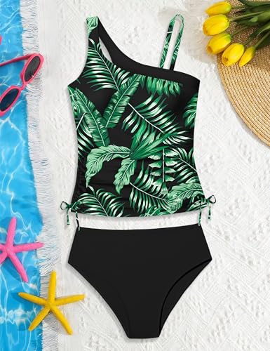 Image of AGAPENG Girls Swimsuit Two Piece One Shoulder Tankini Floral Print Drawstring Swimwear Set 7-14Y