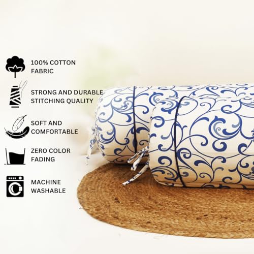 Image of AURAVE Cotton 144 TC Printed Bolster Cover with Drawstring Closure, Set of 2, Soft Breathable Durable Machine Washable for Sofa Bed & Home Decor, 15 inchx30 inch, Blue | Cover Only