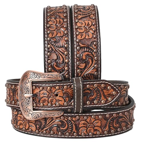 Brown Floral Hand Tooled Fashion Premium Leather Belt Unisex Western with Removable Buckle