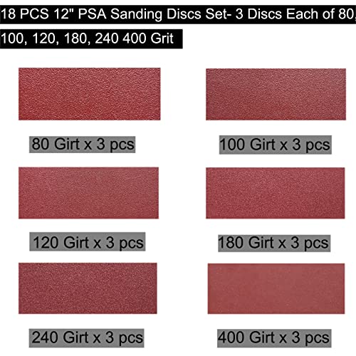 Image of 18 PCS 12 inch PSA Sanding Discs - 3 Each of 80, 100, 120, 180, 240, 400 Grit - 12 Inch Sandpaper Discs with PSA Self Adhesive for Drywall, Floor, Woodworking, Auto for Power Sander