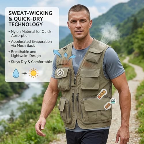 Chaleco de pesca caqui talla S para hombre con panel desmontable y multibolsillos 4
