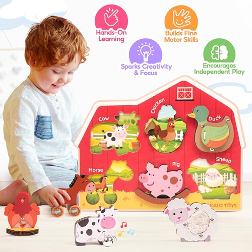 Image of KALOTOYS Wooden Farm Animal Puzzle for Toddlers 1-3 - 6 Piece Montessori Sound & Sensory Puzzle with Textures & Hatching-Egg Chicken - Fine Motor Learning Toy & Autism-Friendly Baby Gift
