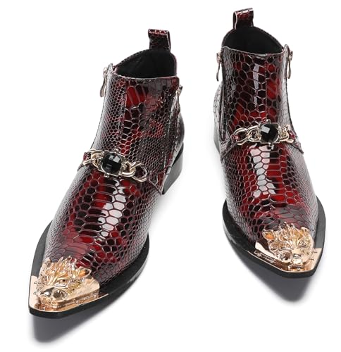 Santimon Men's Red Cowboy Boots - Leather Chelsea Boots for Party, Casual & Rock - Western Ankle Boots with Metal Tip Toe, Bead Accents & Double Zippers3