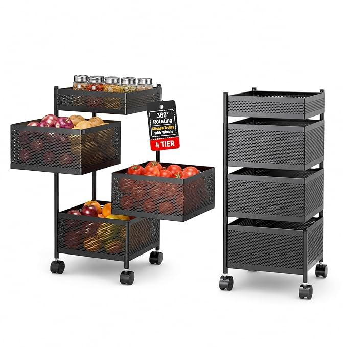 4 Tier Metal Rolling Kitchen Trolley, 360 Degree Rotating Wheel Storage Rack for Vegetables, Fruits, Onion & Potato Basket, Spice Organizer Stand, Multipurpose Kitchen Storage Cart-image-46