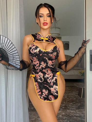 Image of Alrovetoney Sexy Lingerie Fantasy Costume Sexy Series Printed Cut-Out Slit Women's Costume Red S-XXL